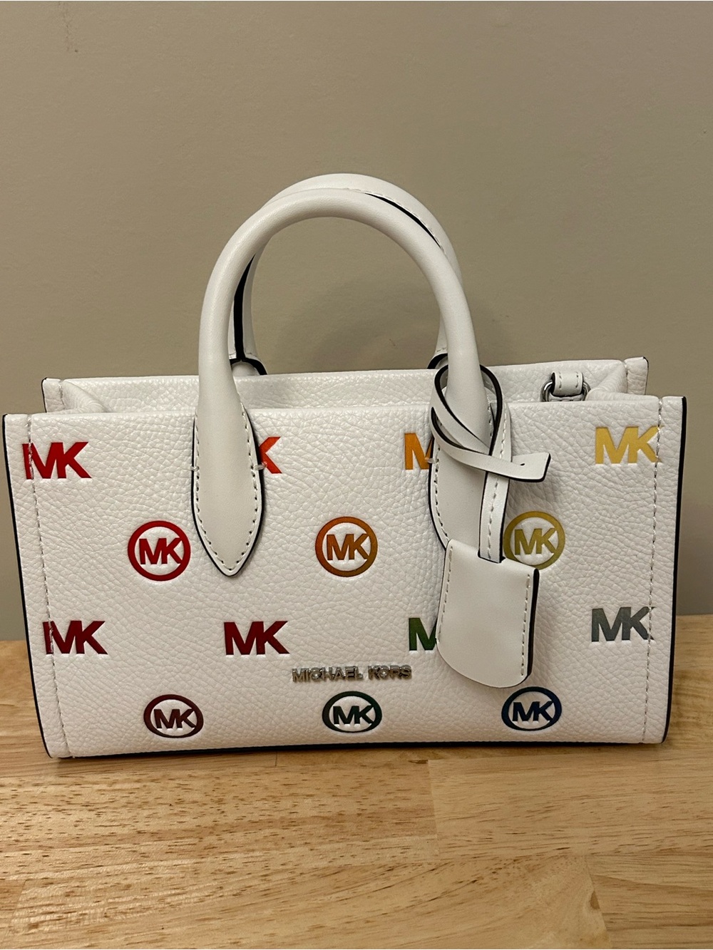 Michael Kors White Leather Satchel with Multicolor MK Accents - Picture 3 of 15